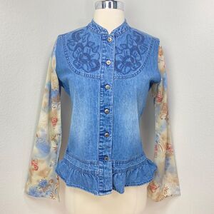 Wrangler Jean Cotton Blouse Small Chiffon Long Flared Sleeves Embroidered Peplum